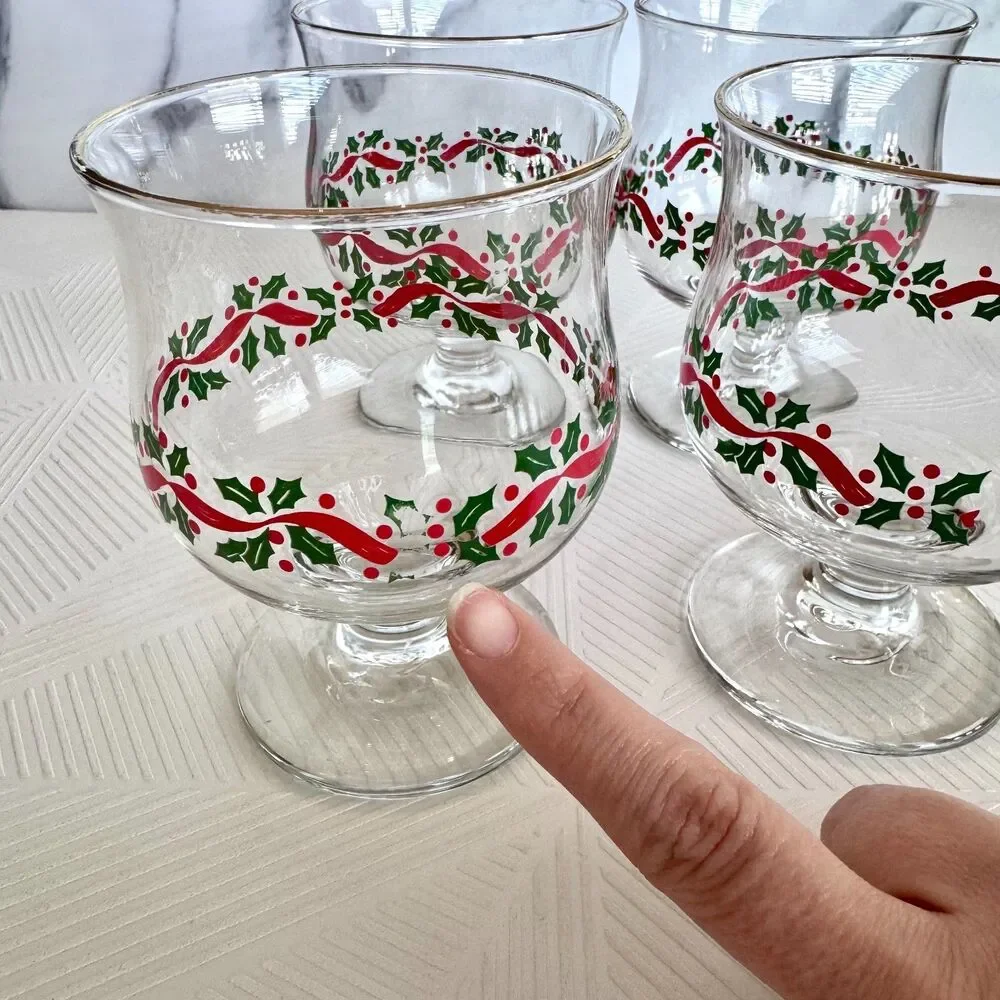 Vintage Libbey Holly Berry Red Ribbon Christmas Dessert Glass Goblet Set of 4
